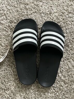 adidas Black Slide Sandals with White Stripes